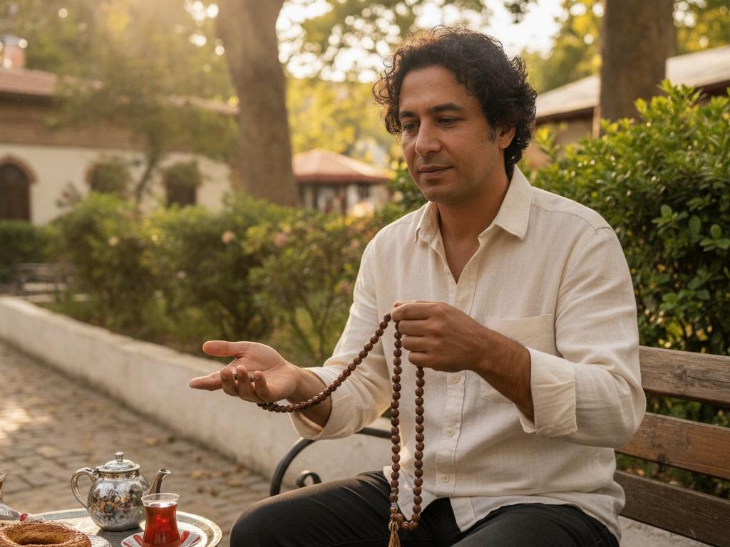 Aydınlık bir parkta bankta oturan genç ya da orta yaşlı bir kişinin uzun zeytin çekirdeği tesbih ile huzurlu bir an yaşadığı gerçekçi bir sahne. Arka planda ağaçlar ve doğal yeşillikler yer alıyor.