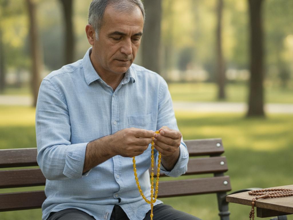Parkta oturan orta yaşlı bir adamın sarı akasya tesbihi elinde incelediği huzurlu bir sahne. Kadrajda kahverengi akasya tesbih de yer alıyor ve iki seçeneğin farklı hissini doğal ortamda yansıtıyor.