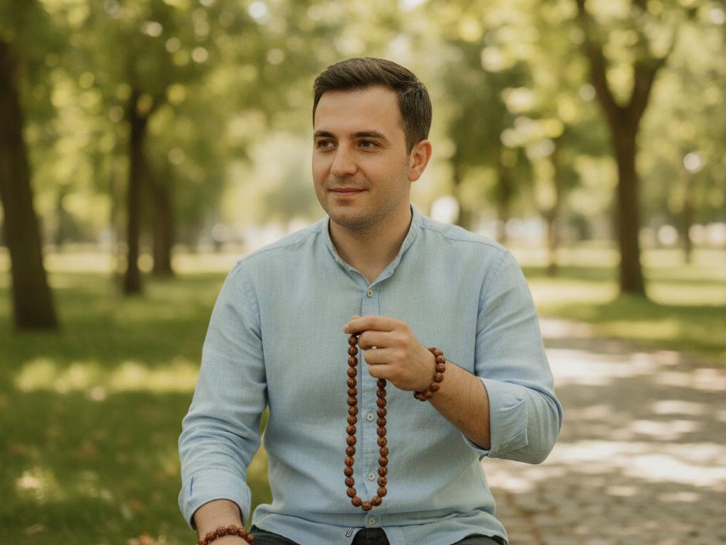 Türkiye’de bir parkta kuka tesbih kullanan ve bileğinde uyumlu kuka bileklik taşıyan sakin bir kişinin fotoğrafı. Doğal ışık, yeşil arka plan ve detaylı ahşap dokular huzurlu bir atmosfer oluşturuyor.