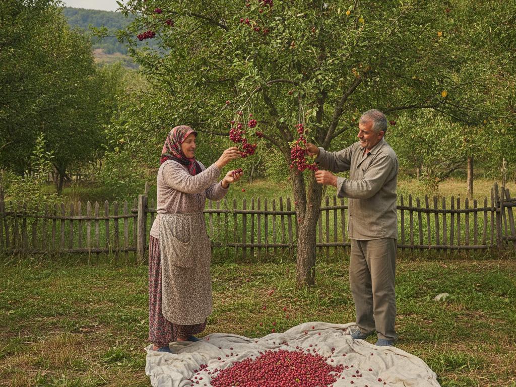 Düzce’de bir bahçede kızılcık hasadı yapan orta yaşlı çiftçiler ve yaygıya düşen olgun meyveler görülüyor. Doğal ışıkta, kırsal yaz atmosferinde foto-gerçekçi bir sahne.