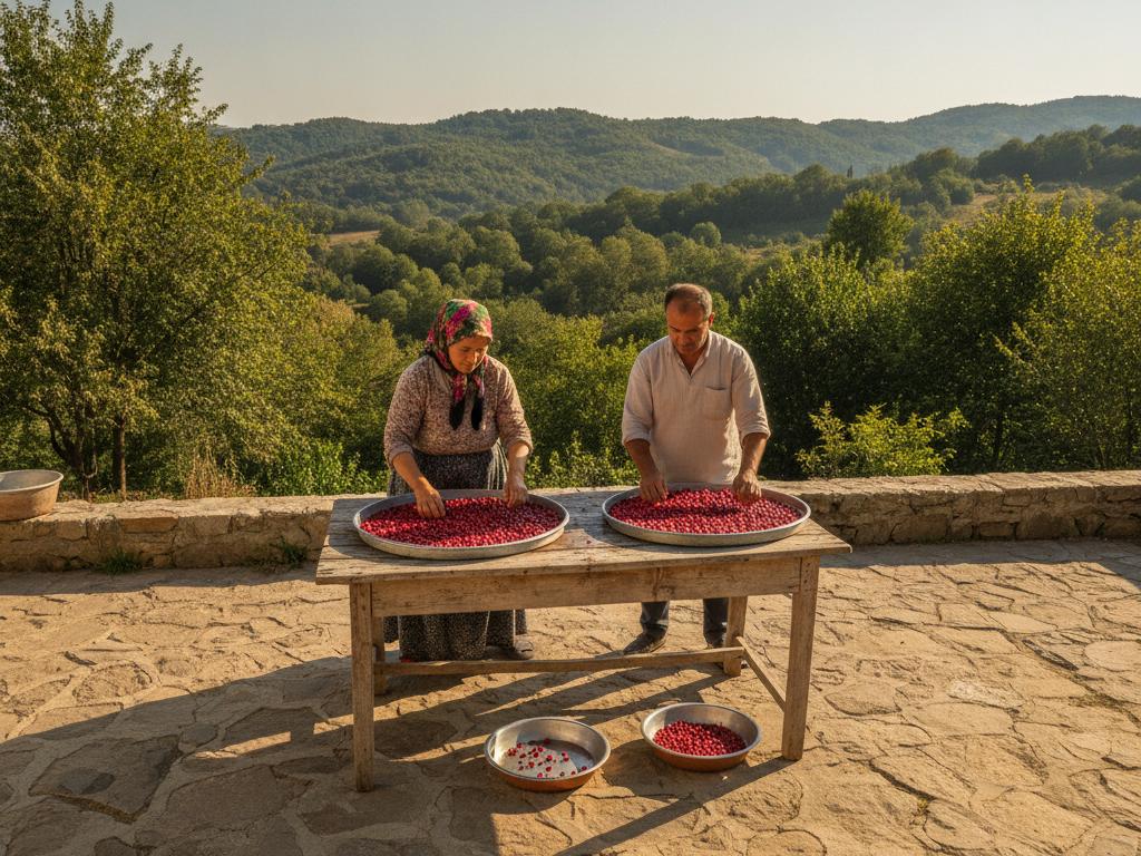 Kızılcıkların yıkanması, ayıklanması ve güneşte kurutulmasını gösteren geleneksel bir köy avlusu sahnesi. Çekirdeklerin ayrı kaplarda toplandığı, doğal ve foto-gerçekçi bir işleme ortamı betimleniyor.