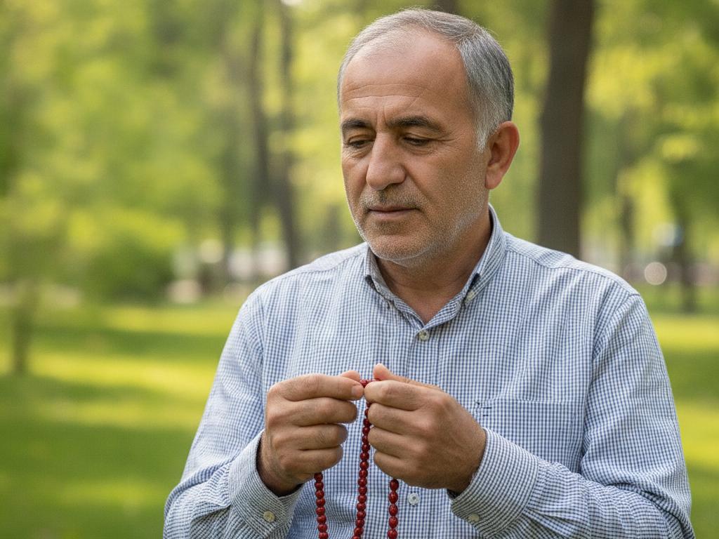 Orta yaşlı bir erkeğin elinde kızılcık çekirdeği tesbih tutarken çekilmiş foto-gerçekçi bir kare. Arka planda aydınlık ve yeşil bir park ortamı, huzurlu ve doğal bir hava oluşturuyor.