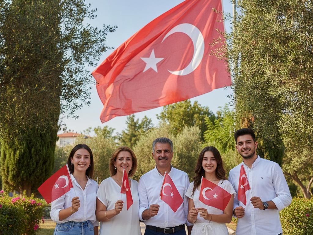 Güneşli bir günde parkta bir araya gelen Türk ailesi ve gençlerin elinde küçük bayraklarla Zafer Bayramı ruhunu yansıtan foto-gerçekçi sahne.