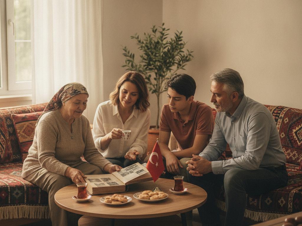 Aydınlık bir Türk evinde, aile bireylerinin çay masası etrafında hatıra albümüyle geçmişi anıp değerleri nesilden nesile aktardığı samimi ve foto-gerçekçi bir an.