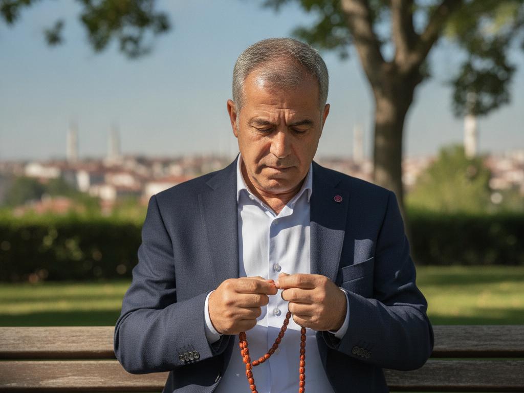 Aydınlık bir dış mekânda tesbihini inceleyen orta yaşlı bir erkek. Doğal ışık ve sakin arka plan, hunnap çekirdeği tesbihin huzurlu ve şık kullanımını yansıtıyor.