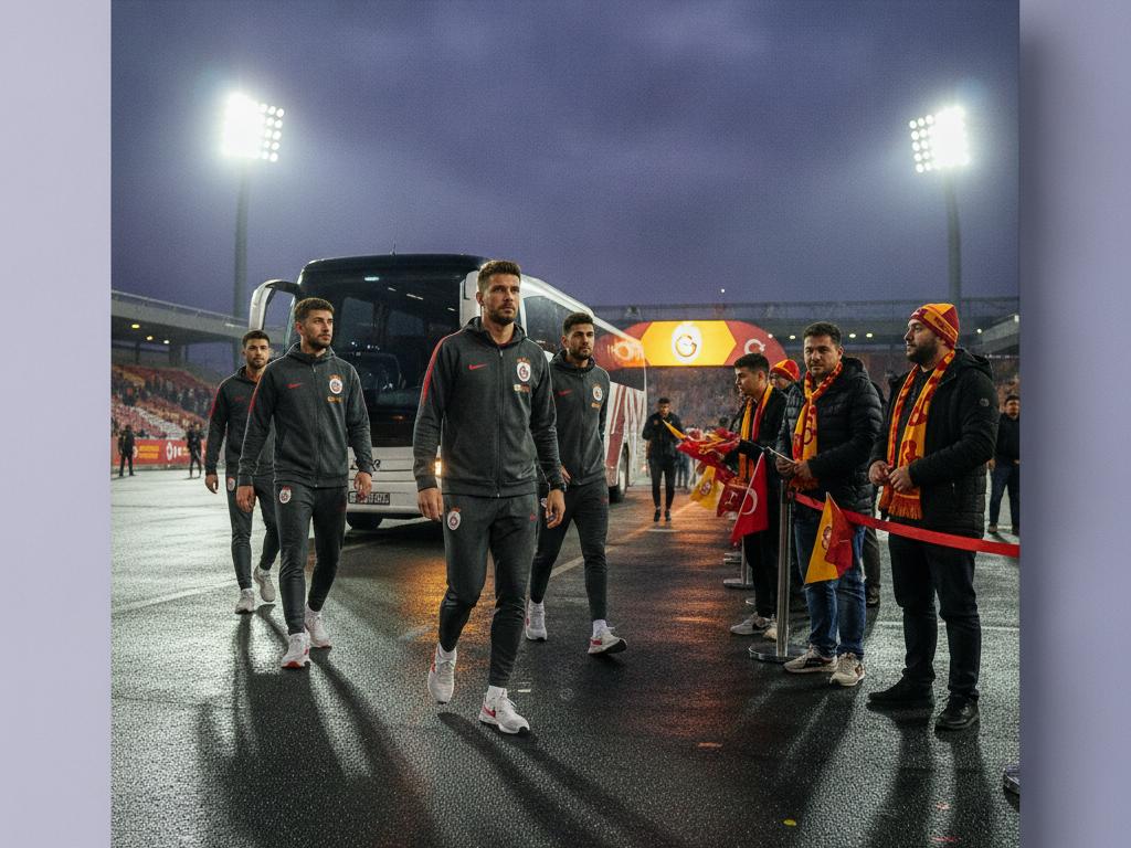 Galatasaraylı futbolcuların Avrupa’daki bir deplasman maçına giriş yaptığı, taraftarların kırmızı-sarı aksesuarlarla destek verdiği foto-gerçekçi bir sahne. Gece stadyum ışıklarıyla güçlü ve heyecanlı bir atmosfer yansıtılıyor.