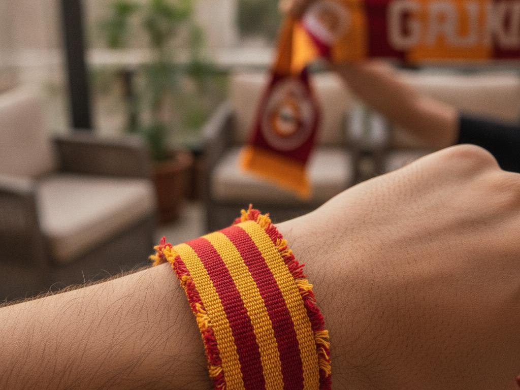 Kırmızı-sarı Galatasaray bilekliği takmış genç bir taraftarın koluna odaklanan yakın plan fotoğraf. Arka planda bulanık şekilde maç günü atmosferi ve Türkiye’den doğal bir yaşam ortamı görülüyor.