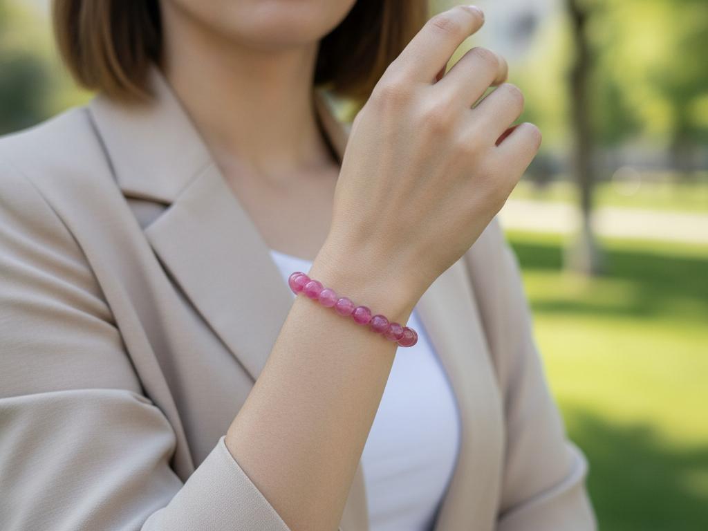 Bir Türk kadınının bileğinde pembe akik bileklik, doğal park arka planında şık ve günlük kullanım hissiyle görülüyor. Canlı pembe taşlar, sade kıyafetle uyumlu biçimde dikkat çekiyor.