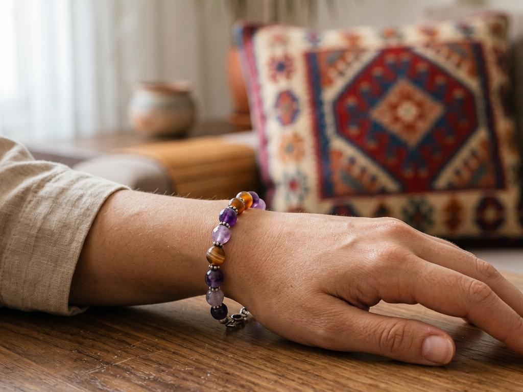 Genç bir Türk kadının bileğinde ametist ve akik taşlı, gümüş detaylı doğal taş bilekliğin yakın plan fotoğrafı; ahşap masa ve kilim yumuşakça flu olarak arka planda görünüyor.