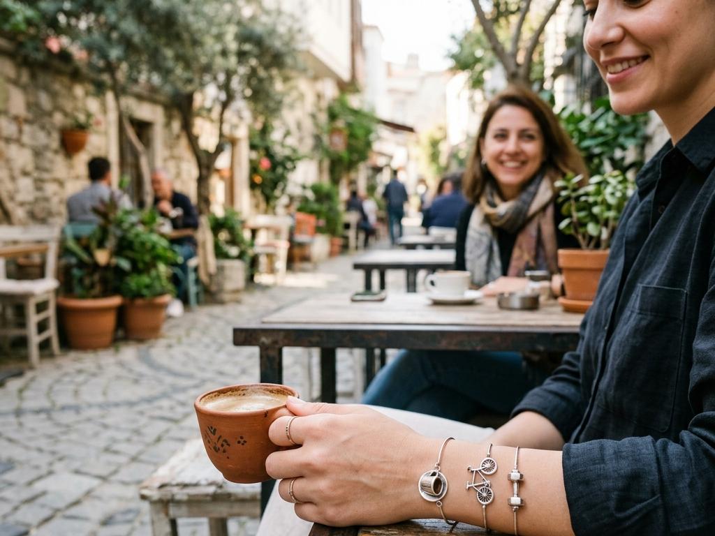 Kafe masasında kahve bardağı tutan kişinin bileğinde kahve, bisiklet ve dambıl charm'larının yakın plan fotoğrafı; arka planda hafif flu kafe atmosferi.