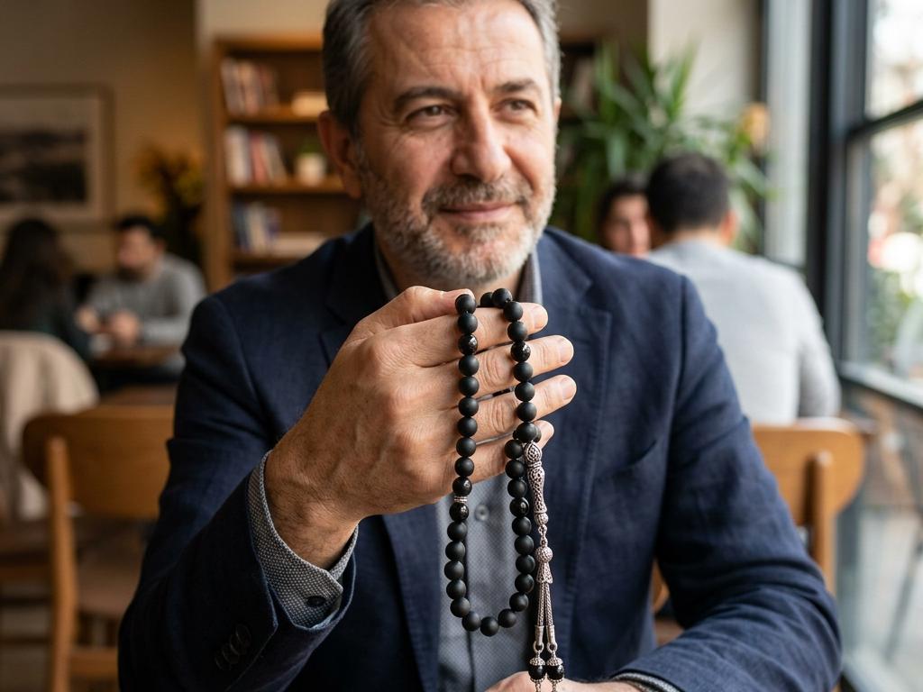 Orta yaşlı bir kişinin elinde mat ve parlak oniks boncuklardan oluşan gümüş detaylı tesbihin yakın çekimi, doğal pencere ışığında öne çıkmış dokular.