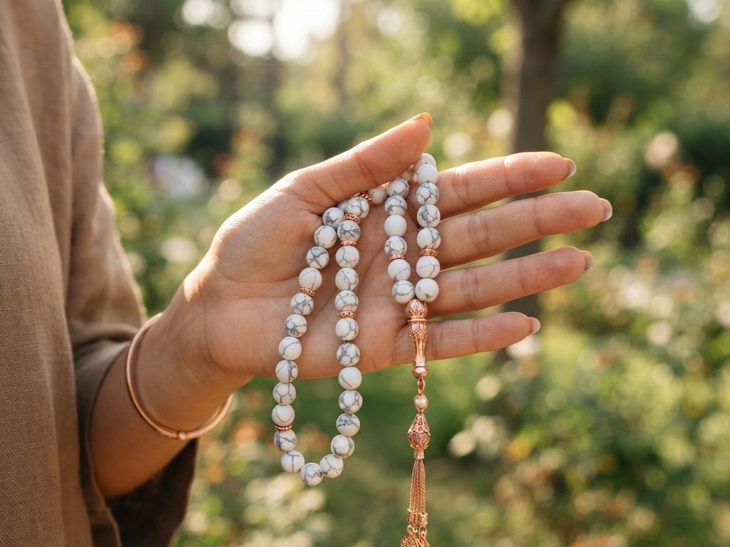 Güneşli dış mekânda genç bir kadının ellerinde, damarları görünen beyaz-krem havlit boncuklardan oluşan rose-gold aparatlı tesbihin yakın çekimi, yumuşak bokeh ile.