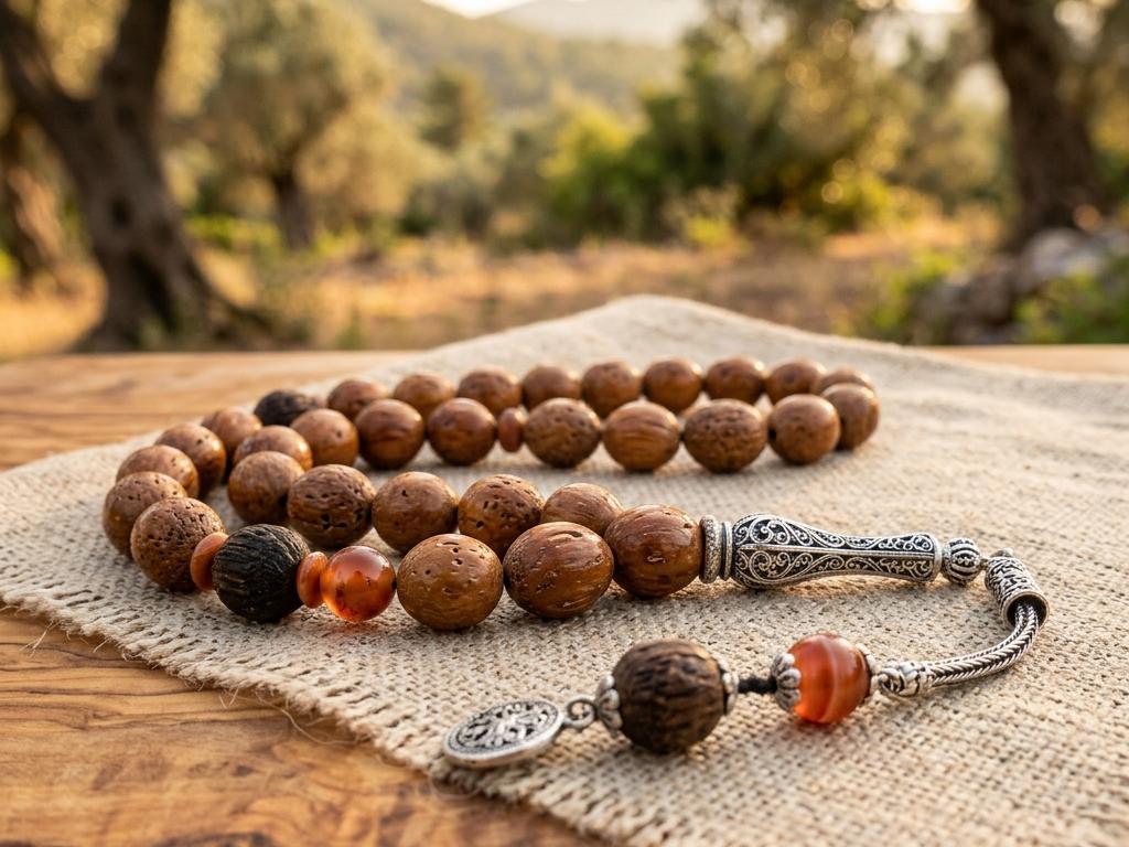 Keten bez ve zeytin ağacı masada yer alan, kuka ve akik taşlarıyla kombinlenmiş parlak zeytin çekirdeği tesbihlerinin yakın plan fotoğrafı; sıcak doğal ışıkta ayrıntılı doku görünümü.