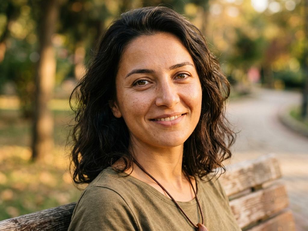 Güneş ışığında parkta oturan genç/orta yaşlı bir Türk kadınının boynunda sade iğde çekirdeği kolye, yakın plan ve arka plan bulanık.