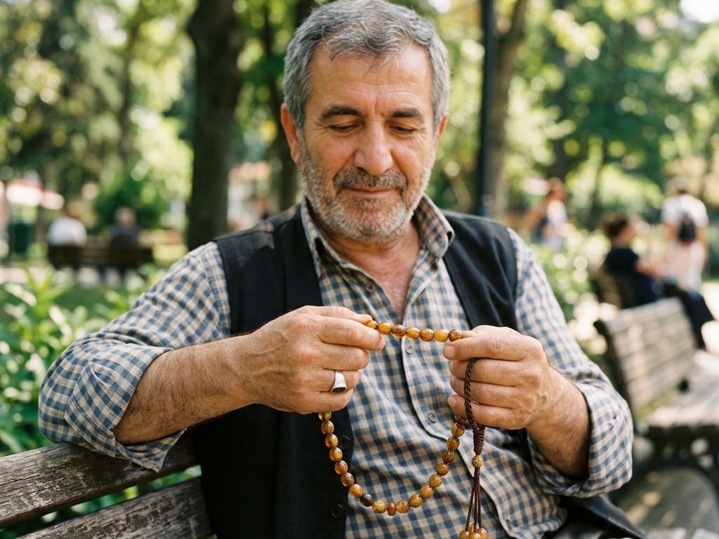 Orta yaşlı bir kişi parkta avuçlarında doğal gözyaşı bitkisi taneli 33’lük tesbihi tutuyor; tanelerin parlak sarı-kahverengi tonları ve paraşüt ipi belirgin.