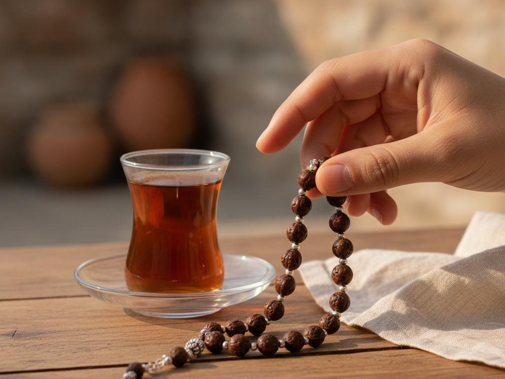 Doğal tesbih otu bilekliğin ahşap yüzey üzerinde, Türk atmosferine uygun sıcak ve doğal bir ortamda sergilendiği fotoğraf. Bir kişinin bilekliği elinde inceleyerek incelediği, şık ve sade bir ürün çekimi.