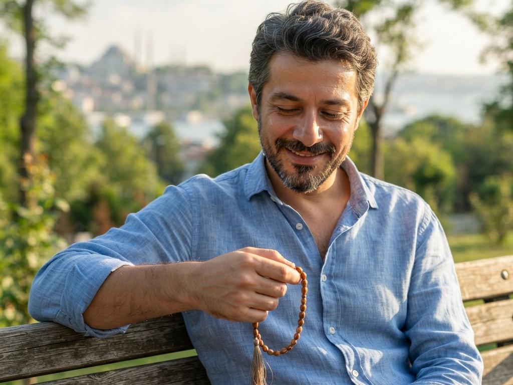 Şehir parkında oturan orta yaşlı bir Türk erkek avucunda nektarin çekirdeği efe tesbihi nazikçe çevirirken huzurlu bir an.