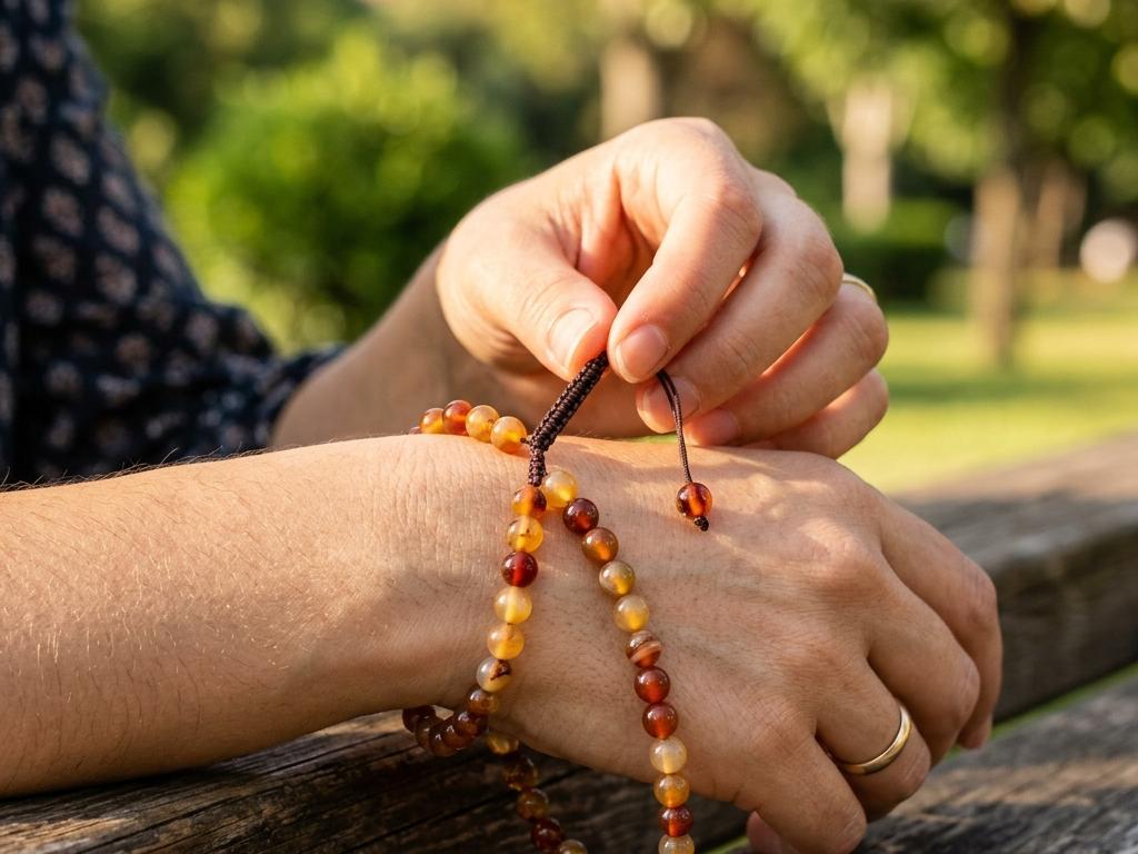 Bir kişinin bileğindeki 6 mm doğal akik boncuklardan oluşan ayarlanabilir mini tesbihi yakından elleyişi, ahşap yüzey ve yapraklı yumuşak arka planla.