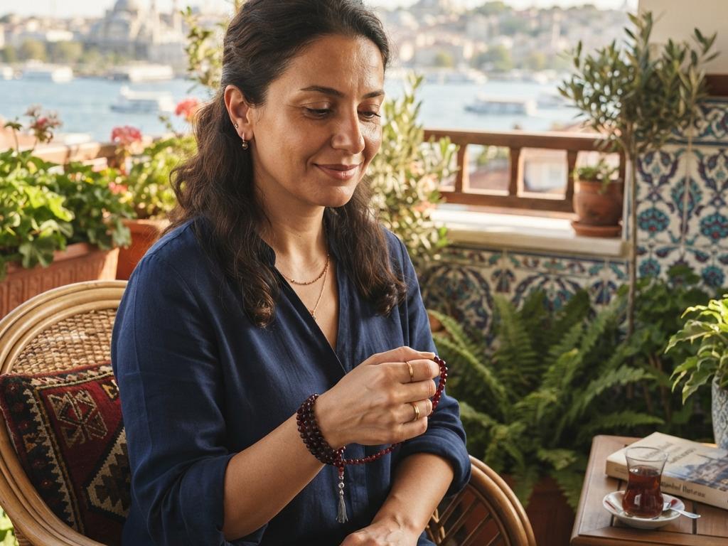 Gün ışığında bir balkonda modern Türk iç mekân atmosferinde mini 6 mm akik tesbihi bilek üzerinde takmış ve elinde tutarak zikre hazırlanmış orta yaş-a yakın bir kişinin sahnesi.