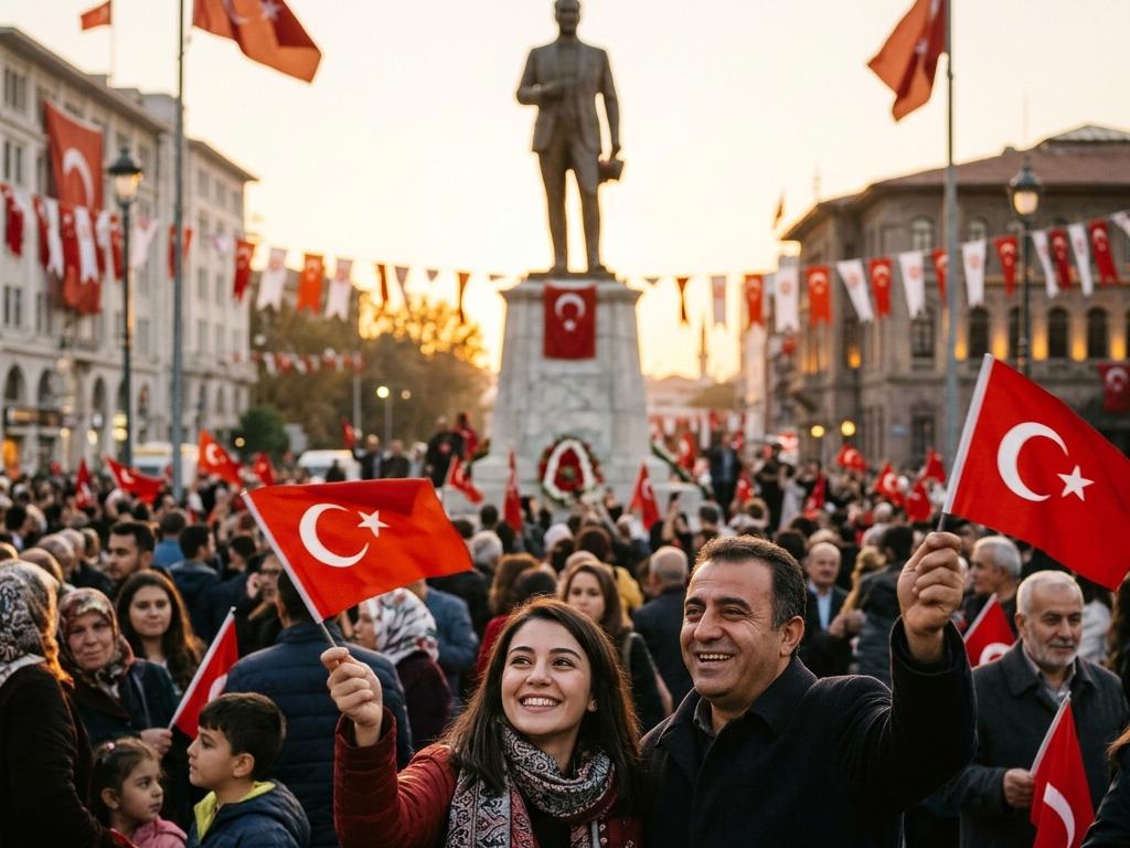 Altın saat ışığında şehir meydanında Atatürk heykeli önünde küçük Türk bayraklarıyla coşkuyla kutlama yapan genç ve orta yaşlı insanlar, sıcak doğal ışık ve profesyonel odaklanma.