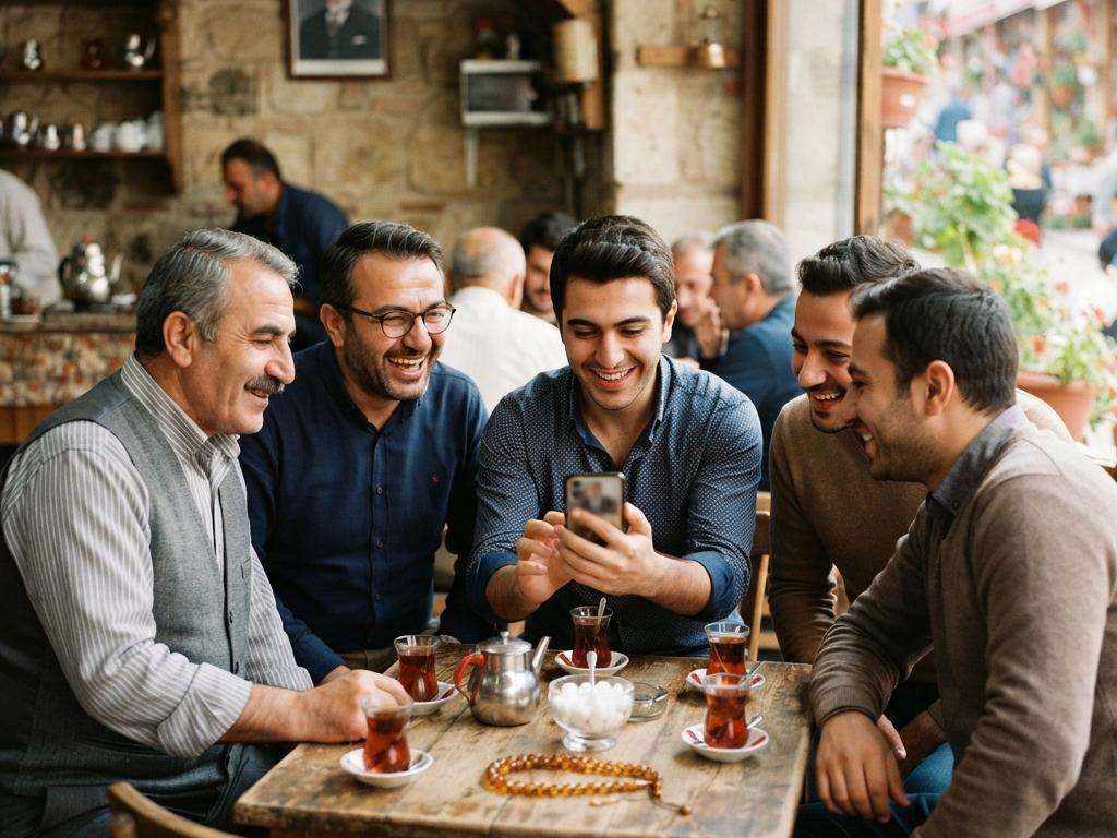 Mahalle kahvesi veya avluda çay ve tespihle etrafında toplanmış genç ve orta yaşlı Türklerin, birinin akıllı telefonuyla Cumhuriyet paylaşımını gösterdiği samimi ve sıcak atmosferli fotoğraf.