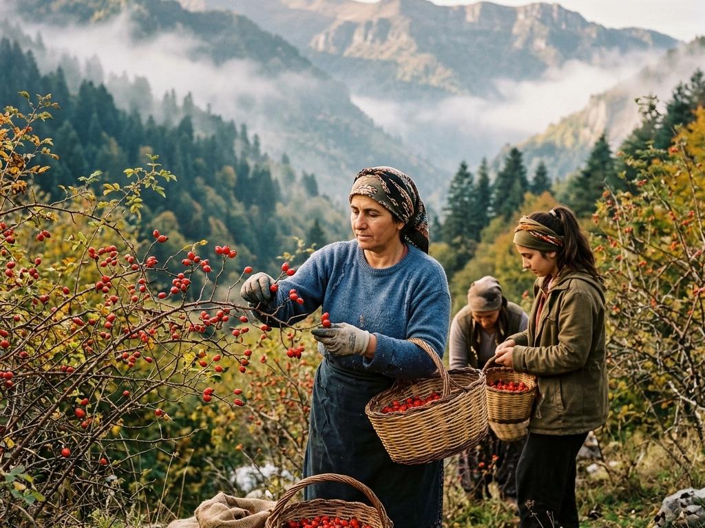 Düzce dağ yamaçlarında sabah ışığında kuşburnu toplayan birkaç kişi; ellerinde dolu sepetler ve parlak kırmızı meyvelerin yakın plan detayları.